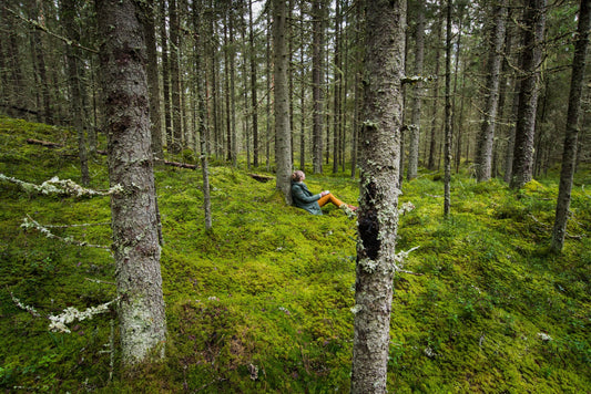 Woman resting against a conifer trunk on a mossy forest floor among tall, lichen-covered trees
